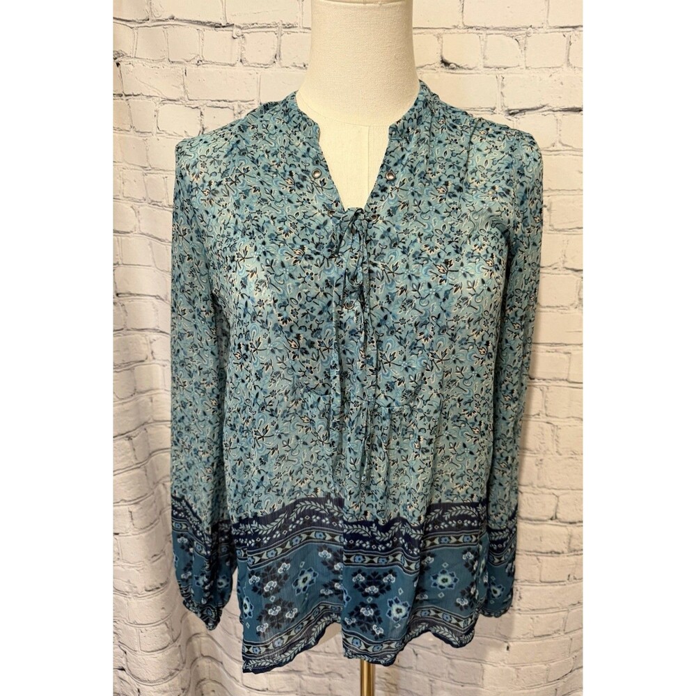 Hollister teal and blue floral long-sleeve Sheer Boho Cottagecore blouse Size XS
